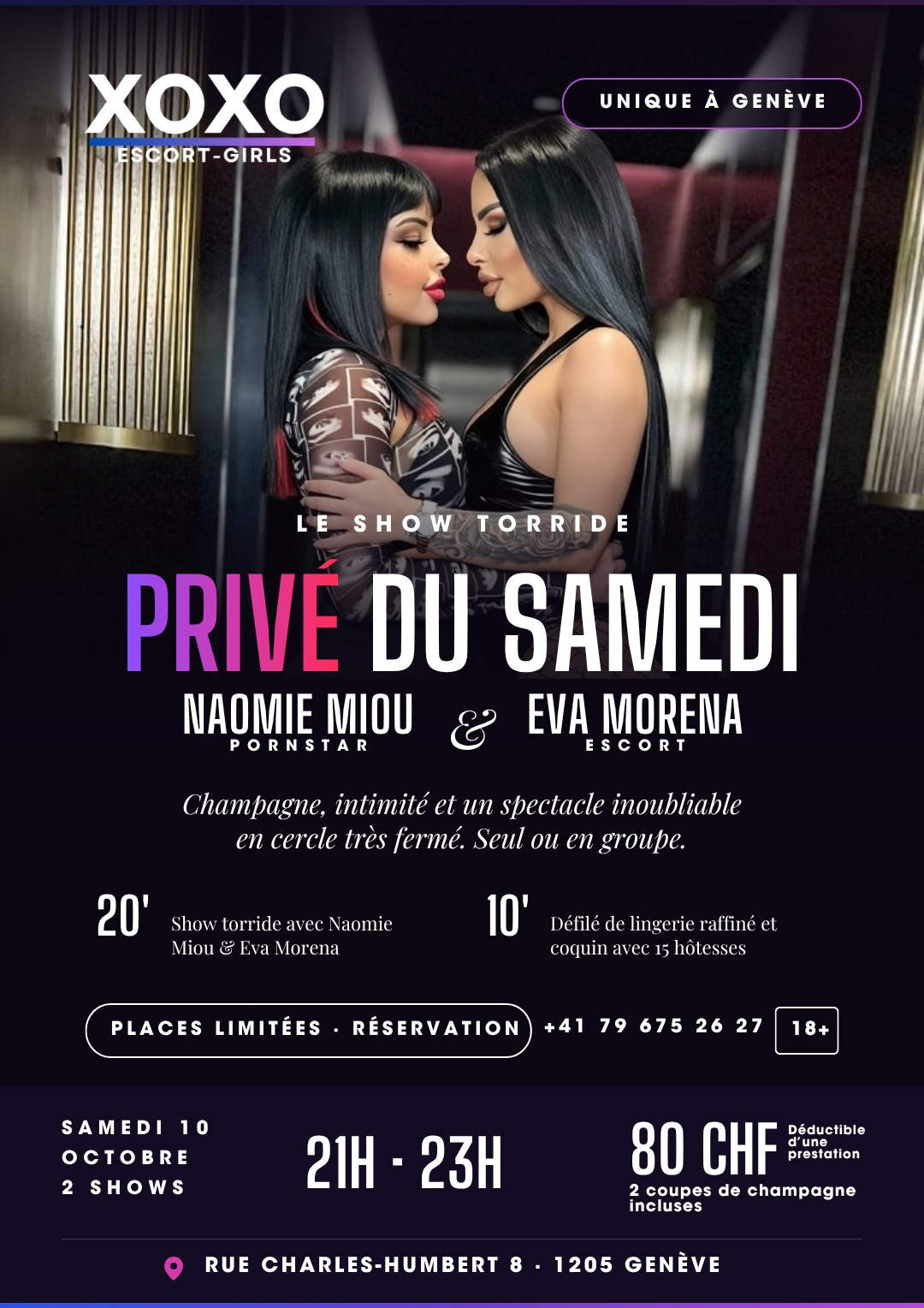 Le show torride privé du samedi — Naomie Miou & Eva Morena, samedi 10 octobre, 21h et 23h, 80 CHF, XoXo Genève